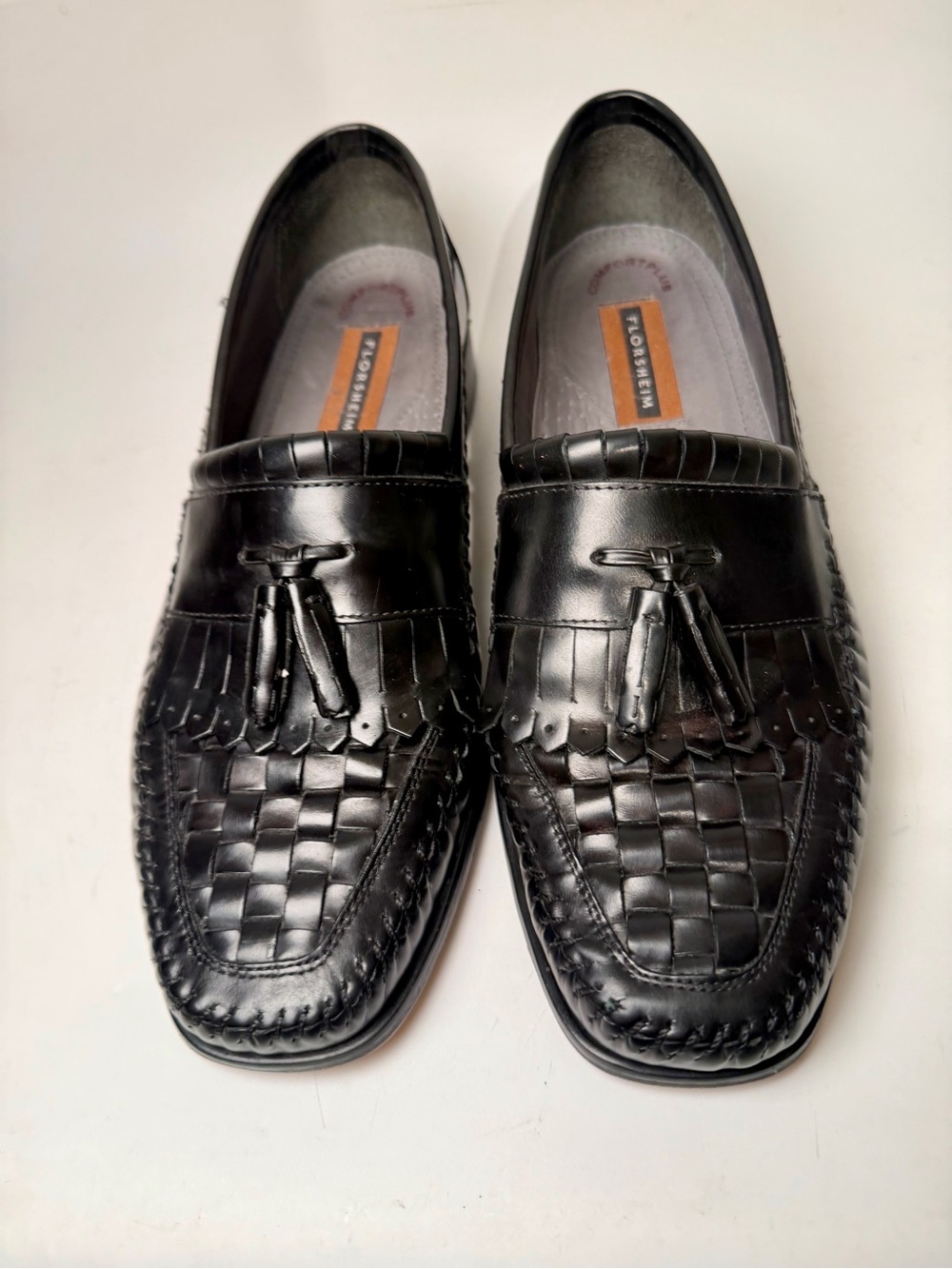 FLORSHEIM Black Leather Dress Shoes Woven Front Vamp Tassel Loafers Sz. 10.5 D